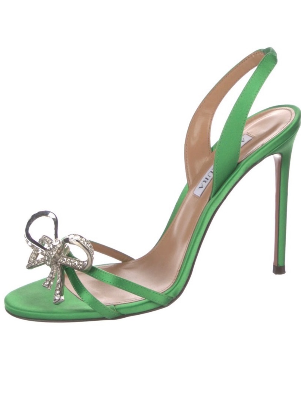 Green Satin Bow Embellished Slingback Stiletto Heel